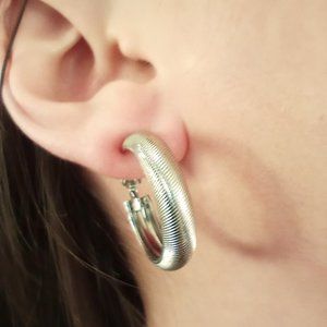 Silver Textured Clip on Hoop Earrings
